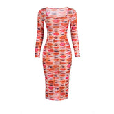 Long sleeve abstract u neck sheer mesh contrast midi dress | samba dress