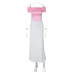 Short sleeve off shoulder ruched satin lace up midi dress