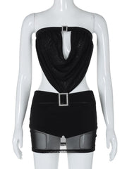 Ruched mesh see through buckle tube mini dress