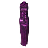 Sleeveless high neck metallic ruched high slit midi dress | red tango dress