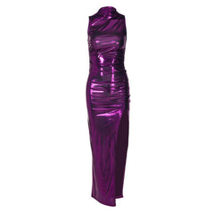 Sleeveless high neck metallic ruched high slit midi dress | red tango dress
