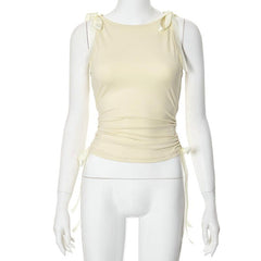 Bowknot ribbon drawstring ruched sleeveless top