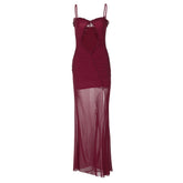 Hollow out mesh ruffle ruched cami maxi dress