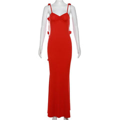 Flower applique backless solid v neck ribbon cami maxi dress | red tango dress