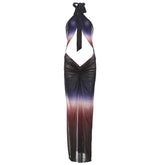 Ruched halter self tie cross front sheer mesh gradient maxi dress | samba dress