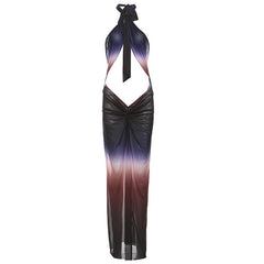 Ruched halter self tie cross front sheer mesh gradient maxi dress | samba dress