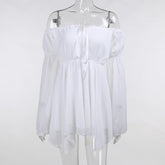 Off shoulder long flared self tie mini dress