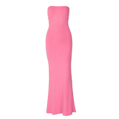 Lace up knotted solid backless tube maxi dress