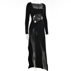 Long sleeve solid hollow out ruched slit knotted midi dress | red tango dress