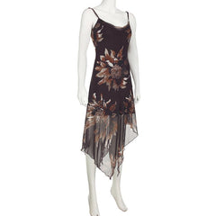 Cowl neck flower print irregular mesh midi dress