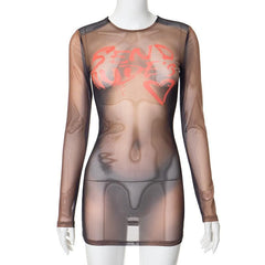 Long sleeve body print sheer mesh crewneck mini dress | samba dress