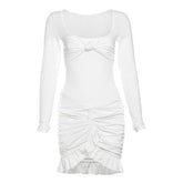Long sleeve u neck ruched ruffle mini skirt set
