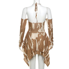 Long sleeve hollow out halter self tie ribbed mini dress