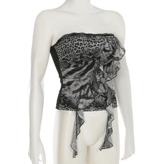 Leopard print ruffle lace hem tube top