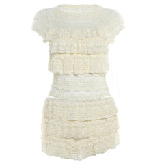 Crewneck ruffle lace ruched cap sleeve pant set