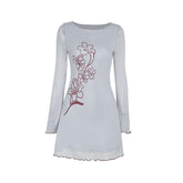Long sleeve mesh flower print ruffle mini dress