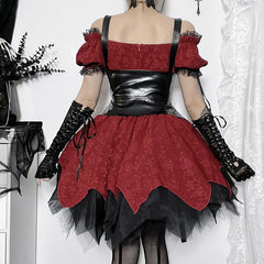 Off shoulder short sleeve lace hem ruffle bowknot mini dress