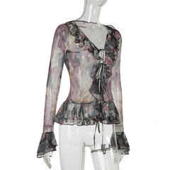 Long flared sleeve mesh abstract ruffle self tie top