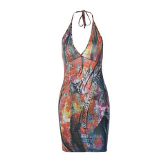Backless halter self tie v neck contrast print mini dress | red tango dress