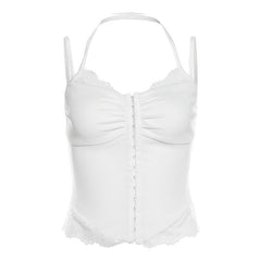 Halter lace hem button patchwork ribbed cami top