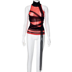 High neck sheer mesh patchwork top