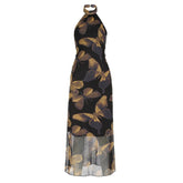 Halter butterfly print backless mesh maxi dress
