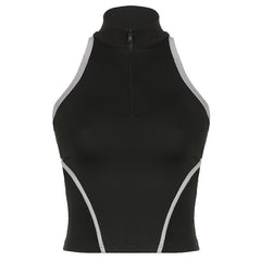 High neck contrast sleeveless zip-up hollow out backless cut out top