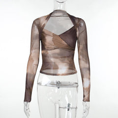 Long sleeve tie dye mesh top