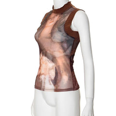 High neck sleeveless mesh see through print ribbed top