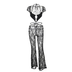Short sleeve halter o ring lace hollow out jumpsuit