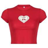 Short sleeve heart print crewneck crop top