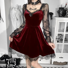 Velvet lace patchwork long sleeve contrast mini dress | red tango dress