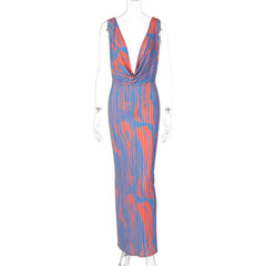 Contrast print cowl neck sleeveless backless maxi dress | red tango dress