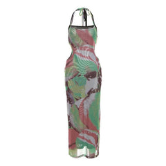 Halter self tie contrast print sheer mesh backless hollow out maxi dress | samba dress
