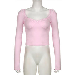 Long sleeve bowknot sweetheart neck ruffle top