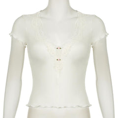 Short sleeve v neck ruffle lace hem ribbed top