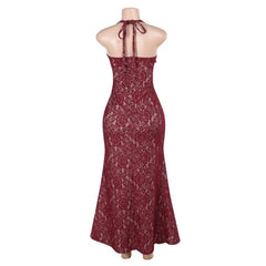 Halter lace flower applique maxi dress