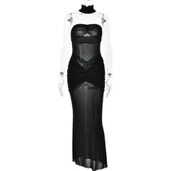 Sweetheart neck ruched see through glitter tube maxi dress