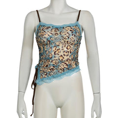 Lace leopard print irregular knotted cami top