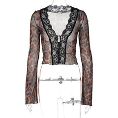 Long flared sleeve print lace hem button see through top