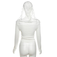 Hoodie off shoulder long sleeve lace beaded drawstring top