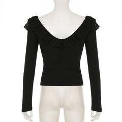 Long sleeve ruffle mesh patchwork top