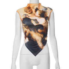 High neck print ruched contrast sleeveless top