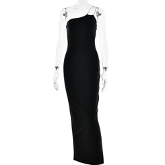 Metal chain one shoulder solid slit maxi dress | red tango dress