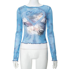 Long sleeve heart pattern ruffle sheer mesh top