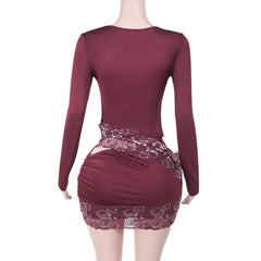 Long sleeve o ring lace hollow out mini dress