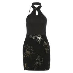 Halter print backless beaded button mini dress