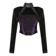 Halter long sleeve velvet lace hem 2 piece top