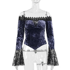 Off shoulder long flared sleeve velvet top