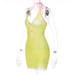 Sheer mesh plaid contrast print halter ruffle backless mini dress | samba dress